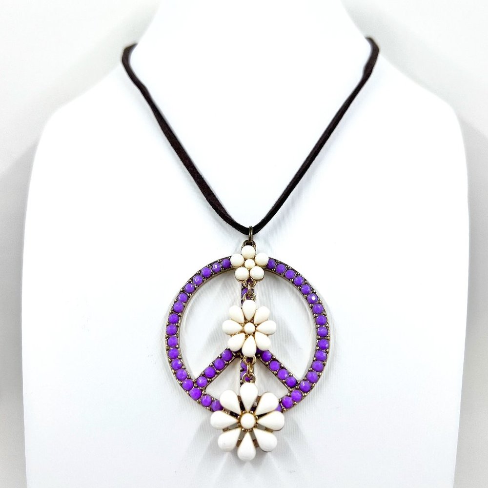 New / Hand Crafted - Purple Peace Symbol & Cream Flowers Faux Leather Choker
